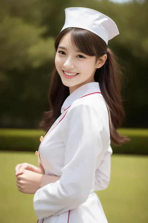 Miss Cabaret、white nurse uniform、1 person、high quality、surreal、healthy、smile、Perfect slender figure、beauty of japan、beautiful eyes、perfect face、beautiful skin、The background is pink