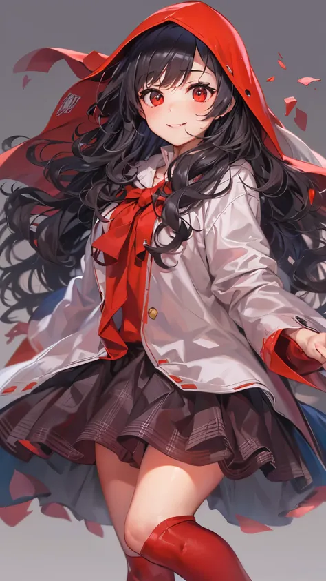 in the school classroom front door, ((spread arms)) frontal upper-body (solo curly black hair long hair cute girl, 14 yo, cute closed red eyes smile, ((head is red hood)), body is robe with ruffles, long skate, break, masterpiece:1.2, beautiful detailed gr...