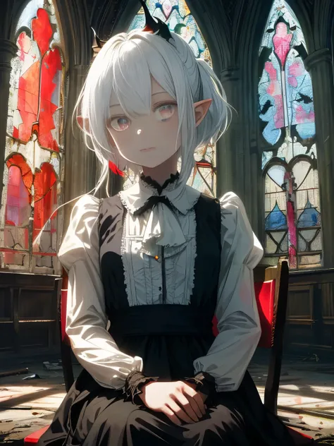 Very detailed wallpaper, Super detailed details, Detailed shadows, Very precise and detailed, Extremely detailed 8K wallpapers, Very beautiful 8KCG wallpaper,an old abandoned church. a boy sits down. His clothes were tattered，There are stains in many place...