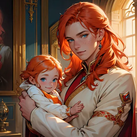 (a girl with red hair),(blue eyes), wavy hair, freckles on her face,(wearing Queens clothes),(gentle smile),(in a Palace environment),(pregnant belly),(hugging a young man of long red hair),(blue eyes and noble clothes), [vibrant colors], [oil painting], [...