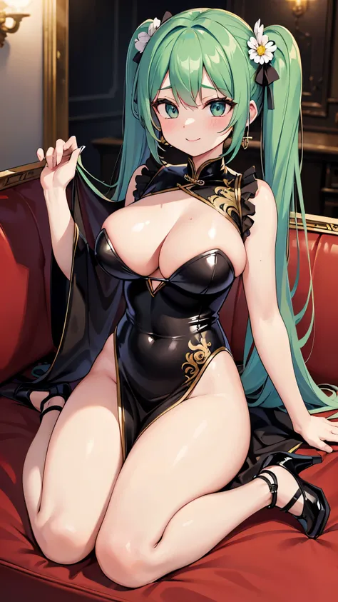 ((masterpiece)), ((best quality)), (ultra-detailed), ((sexy)), (ero)3, extremely detailed game CG, dynamic angle, full body, bar, luxury bed, sofa, a pretty woman, solo, latex Chinese dress, high-cut legs.beautiful green hair, beautiful brown eyes, ((beaut...