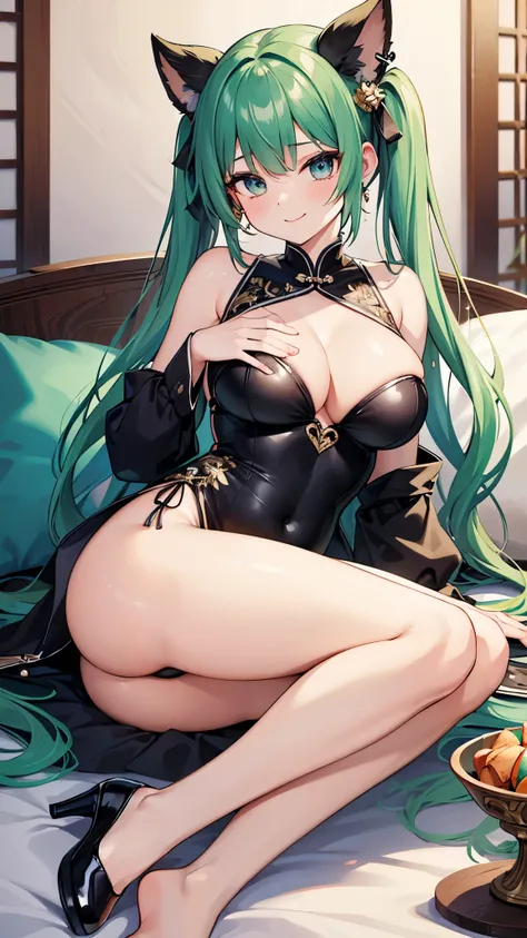 ((masterpiece)), ((best quality)), (ultra-detailed), ((sexy)), (ero)3, extremely detailed game CG, dynamic angle, full body, bar, luxury bed, sofa, a pretty woman, solo, latex Chinese dress, high-cut legs.beautiful green hair, beautiful brown eyes, ((beaut...