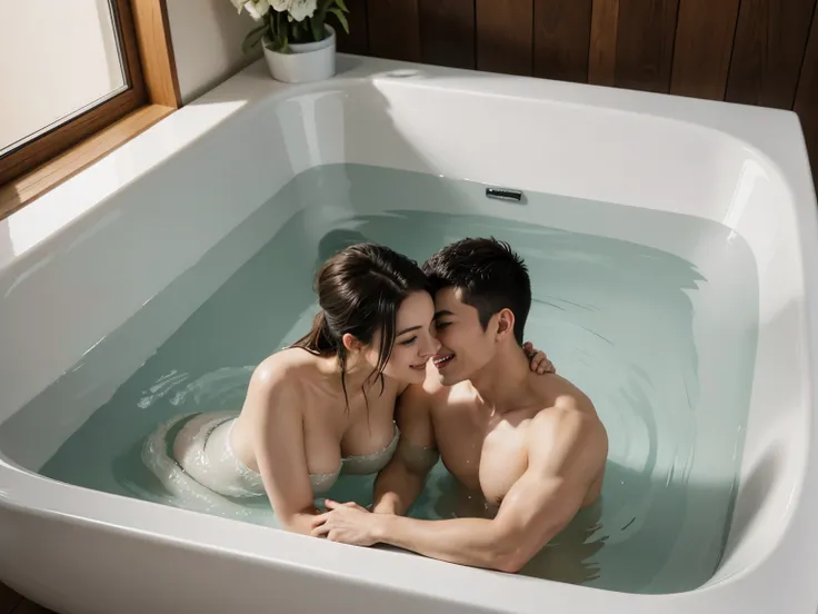 Two naked couple kissing，big Bathtub，Raised sexy , smiling at each other, full body shot