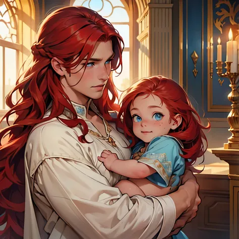 (a girl with red hair),(blue eyes), wavy hair, freckles on her face,(wearing Queens clothes),(gentle smile),(in a Palace environment),(pregnant belly),(hugging a young man of long red hair),(blue eyes and noble clothes), [vibrant colors], [oil painting], [...