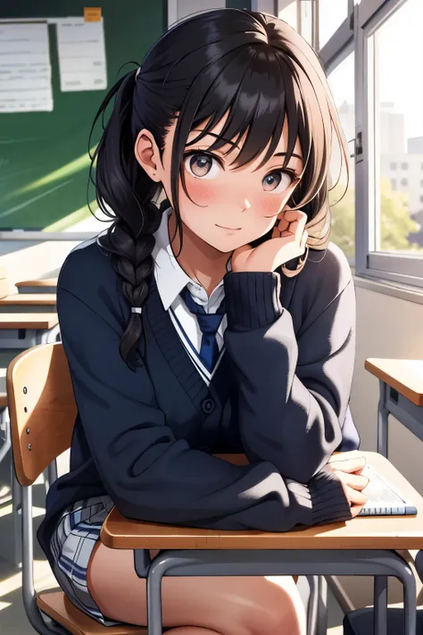 (Detailed depiction of) a high school student, (with a longing glance) on a boy, (sitting in the classroom), (clutching a pencil and notebook), wearing a school uniform, (her eyes bright and expressive), draped in a cardigan, (her hair neatly tied up), (su...