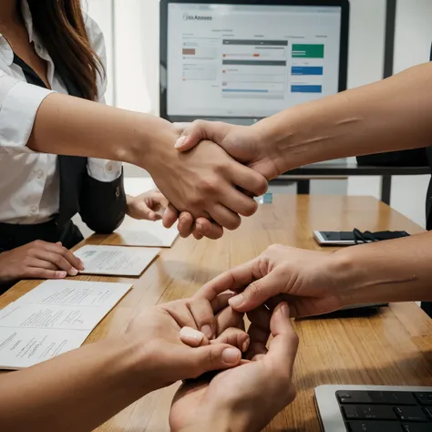 a. A close-up photo of a group of business people shaking hands during a business meeting, conveying trust and partnership.