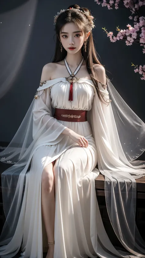 hanfu, (masterpiece, best quality:1.2), 1girl, solo, ((off shoulder clothes)), In the depths of Wonderland，The moonlight falls like water，foggy room，The figure of the heroine is vaguely visible，Just like the fairy in the painting，Slender sexy legs，Very nic...