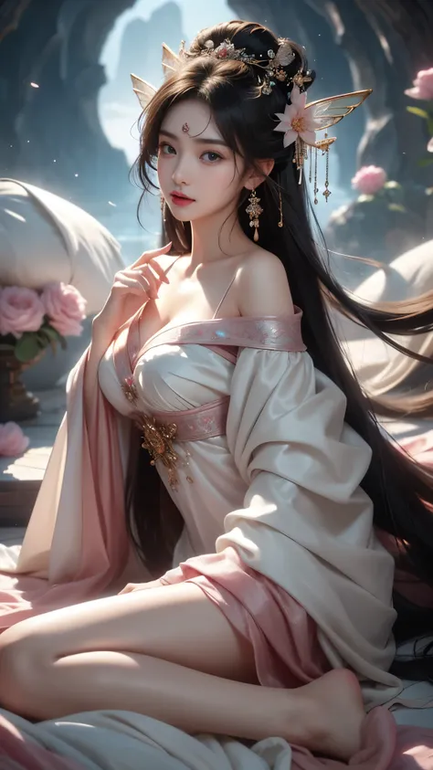 (masterpiece, best quality:1.2), 1girl, solo, ((off shoulder clothes)), In the depths of Wonderland，The moonlight falls like water，foggy room，The figure of the heroine is vaguely visible，Just like the fairy in the painting，Slender sexy legs，Very nice legs，...