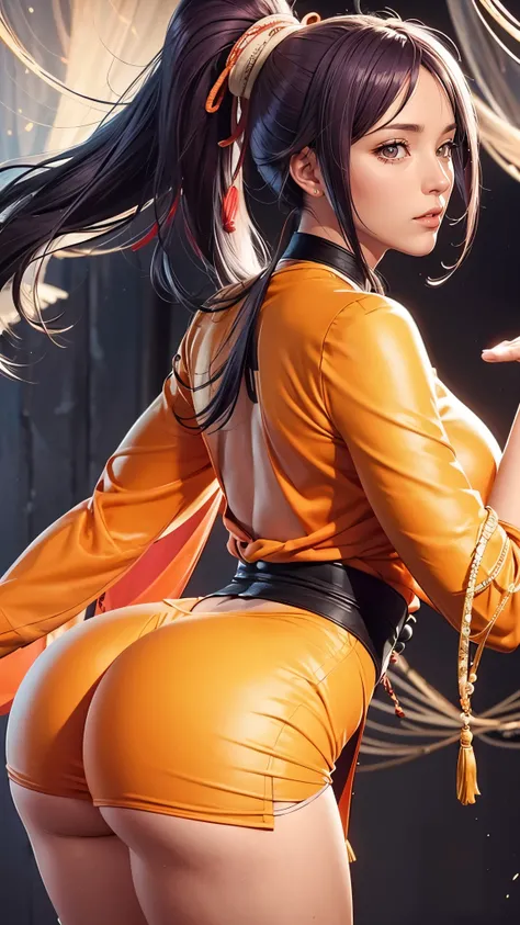 （（（完美figure，figure，xuer martial arts，Orange kimono，Orange kimono，Black undershirt，（（（shihouin yoruichi，Golden pupil，1girl，dark-skinned female，solo，ponytail，long purple hair ））），（（（wide hips））），S型figure:1.7））），((masterpiece)),high resolution, ((Best quality...