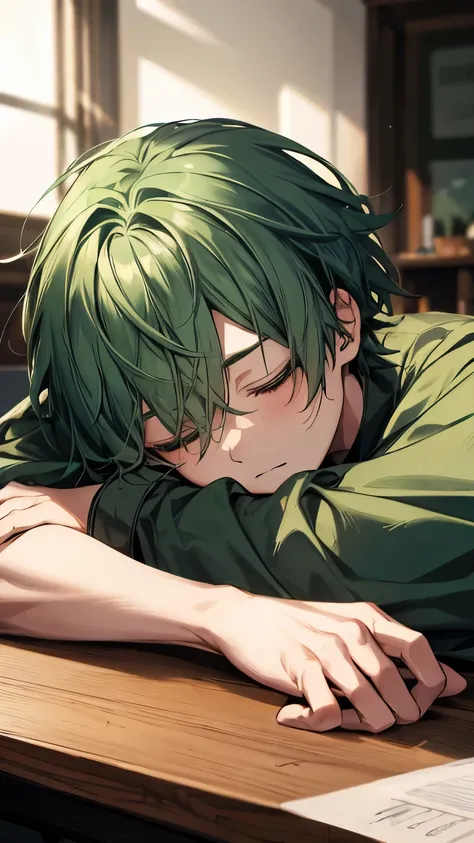 Green hair and eyes, boy, teenager, sleeping on a table