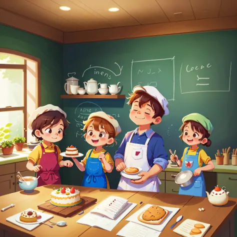 in a comfortable house，Four children，kitchen，with apron，chefs hat，cake in hand，Put in oven，happy atmosphere （Amanda Clark and A. J. Watercolor illustration by Carson），Minimalism