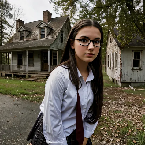 a beautiful brunette 18 yearold schoolgirloutfit glasses sitted abandoned house grafitti