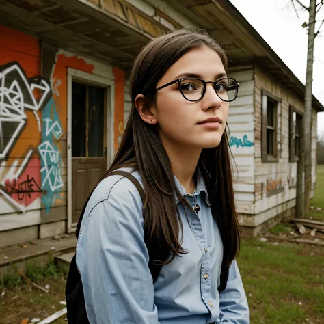 a beautiful brunette 18 yearold schoolgirloutfit glasses sitted abandoned house grafitti