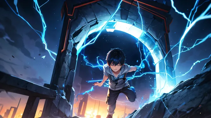 a boy, the portal sucked him, portal with blue lightning,he cry,background park, afternon,high detail, ultra quality