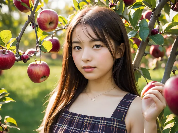 (best quality), (raw photo),(at the apple orchard), young Japanese  girl,