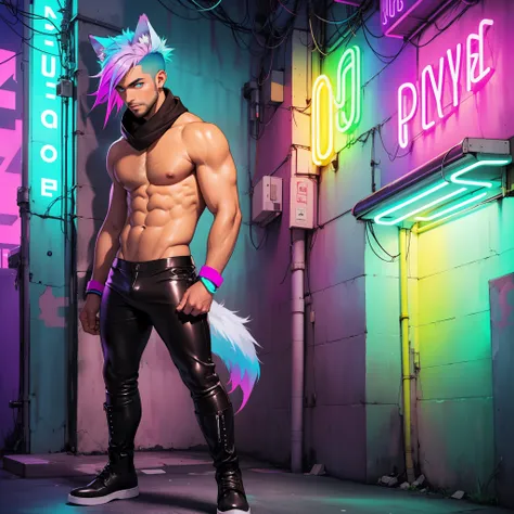 masculine man ((wearing brown boots)), ((SOLO)), ((ALONE)), athletic slim, full body shot, stylish, laidback pose, short beard, lightly hairy body ((tanned skin)), bulge, (neon soft rainbow gradient hair:1.45), (fade haircut:1.25), ((has wolf ears)), ((has...