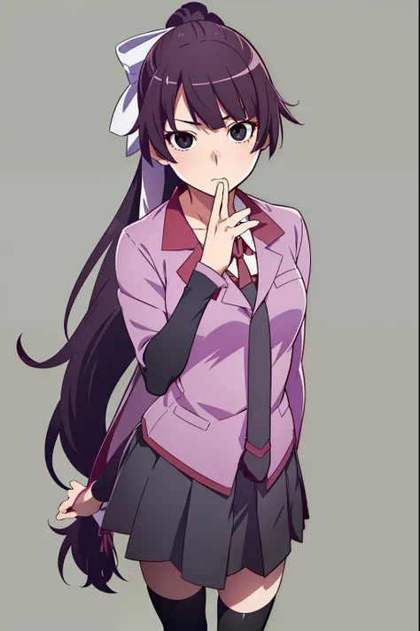 Kamonogatari、Senjogahara Hitagi、dull bangs, purple hair, (black eyes:1.5), long hair, ponytail, ribbon, white ribbon, hair ribbon, side lock,
break black Thighhighs, 紫 skirt, ピンク Jacket,red collar、Red sleeves、Purple tie、 Jacket, long sleeve, mary janes, ov...