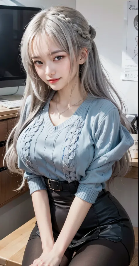 masterpiece, high resolution, 1 girl, realistic image of a woman sitting on a desk with a computer, (sfw) safe for work, perfect white haired girl, seductive beautiful girl, small curvy , silver hair (ponytail), detailed realistic, with a large breasts, wh...