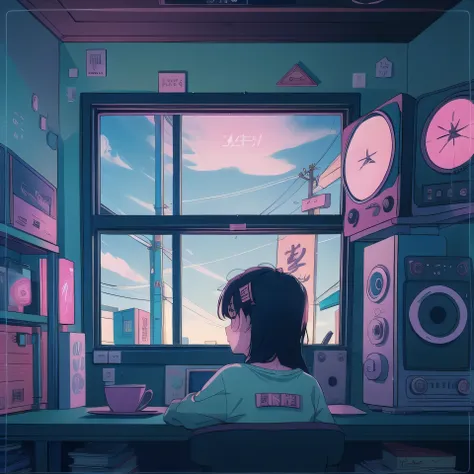 pretty anime girl lofi alone, sentado en una mesa con auriculares, puesta del sol, , un libro, chica lofi, arte lofi, null art s...