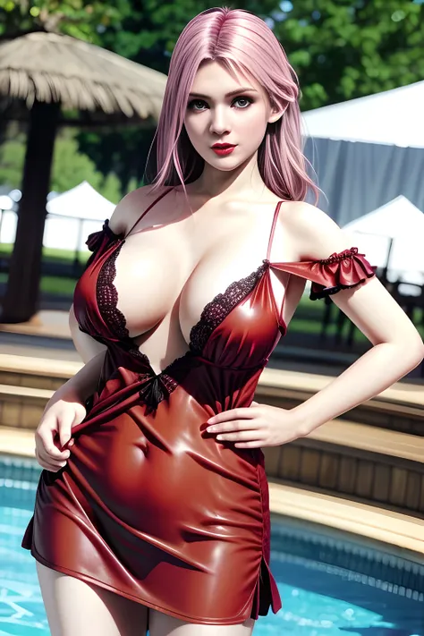 1 girl,Alice,(pajamas),Red_pajamas,outdoor,  (standing posture),grace,(((red lips))), Lips slightly open,  clavicle,Lactation,(huge breasts),shiny skin,((8k, original photo, top quality, masterpiece), HD RAW color photos professional close-up photos, (actu...