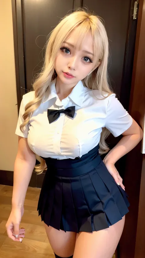 heavy makeup,blonde,Japanese,white collared shirt, necktie, pleated skirt, micromini skirt, loafers, Thighs look good,big breasts random pose