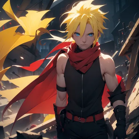 (26 years old), (male), (Yellow hair), (Blue eyes), (Spiky Hair), (Shoulder-Length hair), red scarf, red vest, sleeveless, black pants, black gloves, slim, up to legs