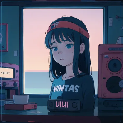 Pretty Anime Girl Lofi Alone, sentado en una mesa con auriculares, puesta del sol, , un libro, Chica Lofi, Arte Lofi, Null Art Style, Lofi Sensation, Retrato de Lofi, Colores Lofi, nulo, Arte lo-fi, Vibraciones Lofi , Ambiente Lofi, Lofi hip hop, Satoshi C...