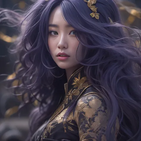 32k（masterpiece，HD，超HD，32k）Bright purple long flowing hair，autumn pond，Ziddink， a color， Asian （Silly girl）， （silk scarf）， fighting stance， looking at the ground， long white hair， Floating bright purple， Fire cloud gold headdress， Chinese long-sleeved gold...