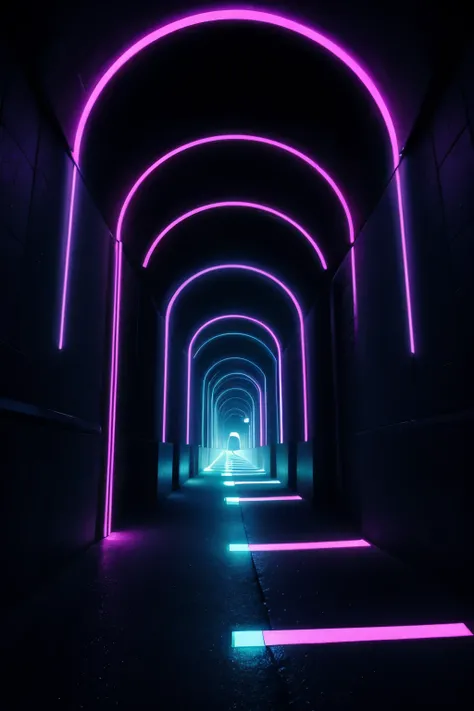 Abstract color neon light footpath on a dark tunnel with a city in the background