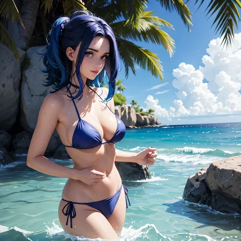 Malty S. Melromarc. hermosa mujer 21. years bright blue hair. piel clara. ojos azules . pechos muy grandes. gotas de agua en sus pechos. bikini violeta. detallado. cuerpo completo. pechos grandes. gotas de agua en su cuerpo bikini violeta. sonrisa. pechos ...