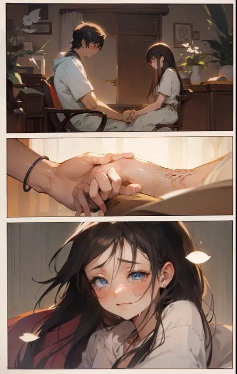 (masterpiece, best quality), intricate details, 8k, sharp focus, (best quality) (delicate skin:1.3) (intricate details) (8k) (exquisite eyes) (japanese manga) , modern room background, A boy and a girl hold hands，Detailed and complete hand structure，hand s...