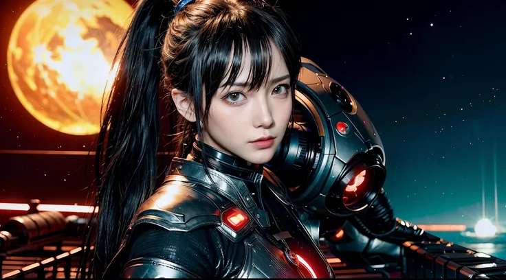  Stellar Blade, character real photo of girl with ponytail in a futuristic setting with a giant robot, dead or alive 6, 8k portrait render, 8 k character details unreal 6 breathtaking detailed ( ( unreal engine ) ), unreal engine  