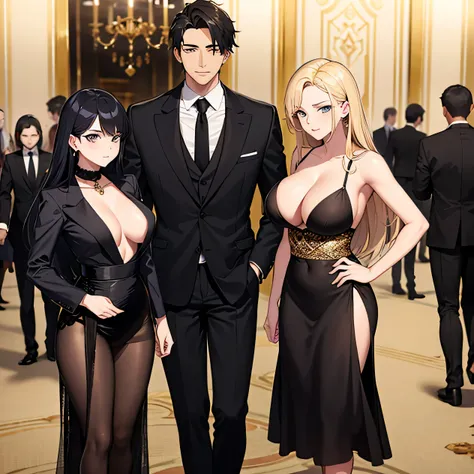 The son of a rich man, holding a black card, wearing gold and luxurious clothes, there are 2 beautiful and sexy girls beside him.