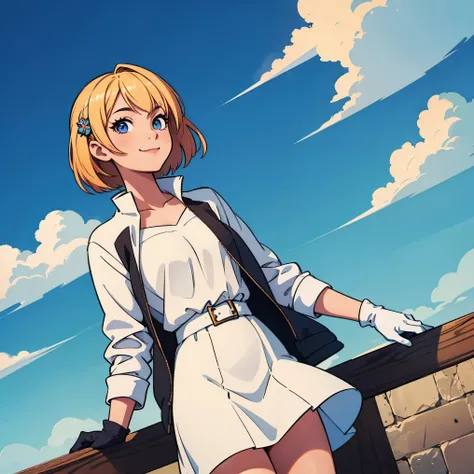 ((masterpiece,best quality)),1girl,solo, (((Chisato Nishikigi))), short hair, light yellow hair, solo, dress, detail eyes, looking at viewer, long sleeves, standing, white dress, gloves,hair ornament, black jacket, smile, floating hair, dutch angle, closed...