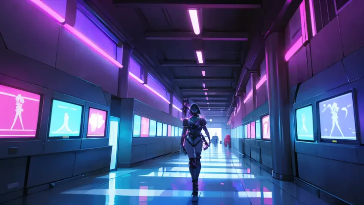 Futuristic Hallway Full Of Neon Lights leading to a asian gladiator arena
