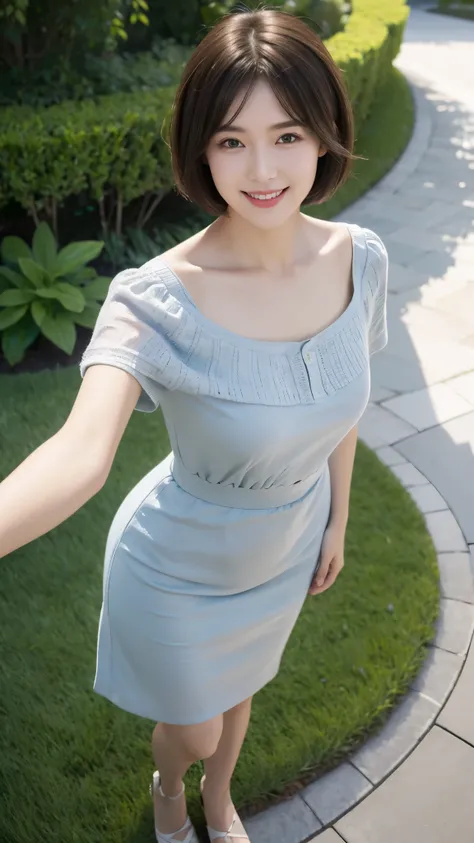 Best Quality, Very High Resolution, (Realistic:1.4), (Fine Duplicate:1.4), facial details, fine eyes, Casual Dresses, Skirts, Full Length, 1girl, smile, Shaggy hair, short hair, from above,