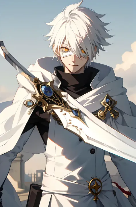 anime boy, white hair, orange eyes, prince uniform, eye mask, mouth visible, sword, fantasy, kind smile, field background, compl...