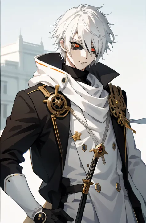 anime boy, white hair, orange eyes, prince uniform, black eyeliner around the eyes, eye mask, eyes can see, mouth visible, sword...