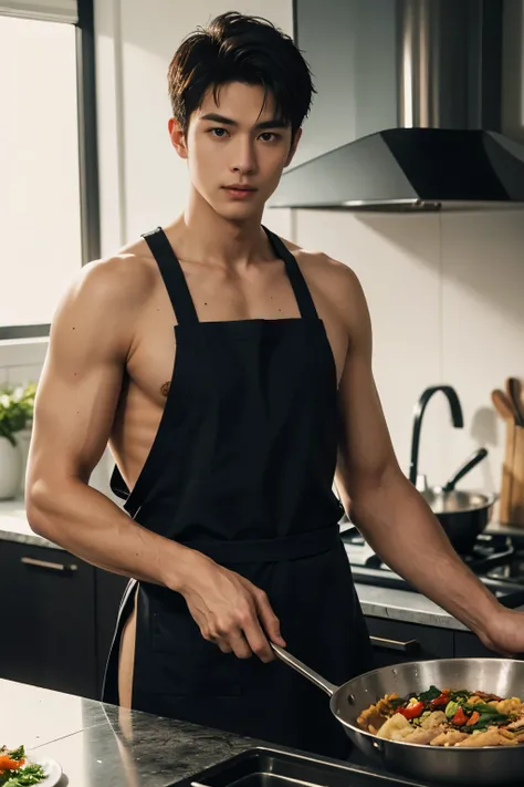 A tall, handsome man stands in the kitchen, wearing only a apron, completely naked, holding a frying pan and skillfully stir-frying the ingredients. Suddenly, a dancing flame rises from the pan, 32k, best quality, masterpiece, super detail, high details,