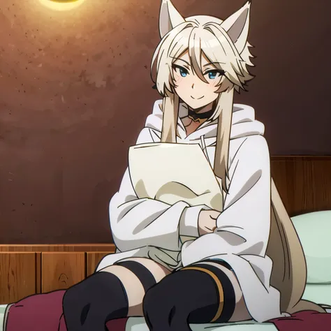 Zeta, Big hoodie, black thigh highs, holding blanket, cat ears, sitting on bed, smiling