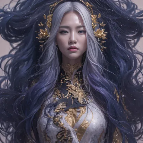 32k（masterpiece，HD，超HD，32k）Bright purple flowing hair，autumn pond，we disagree， a color，  Asian （Michiko）， （silk scarf）， fighting stance， looking at the ground， long white hair， Floating bright purple， Fire cloud gold headdress， Chinese long-sleeved gold si...