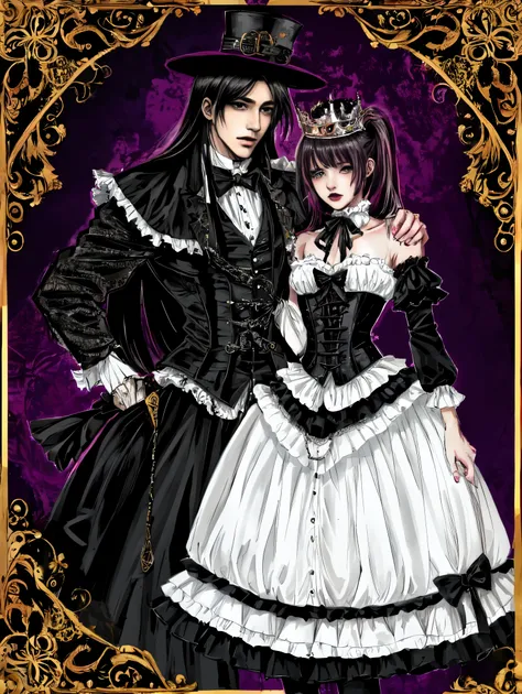 The male figure, dons an intricate visual kei gothic lolita ensemble,gothic makeup, a striking blend of elegance and rebellion. His outfit features a decadent mix of lace, corsets, and elaborate accessories, A Victorian-inspired top hat crowns his head, ad...