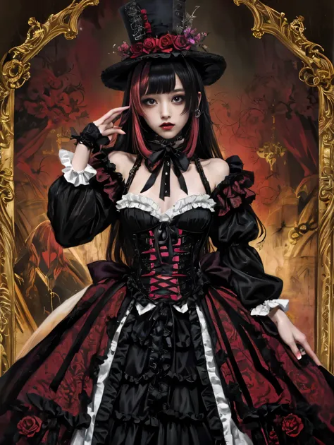 The female figure, dons an intricate visual kei gothic lolita ensemble,gothic makeup, a striking blend of elegance and rebellion. His outfit features a decadent mix of lace, corsets, and elaborate accessories, A Victorian-inspired top hat crowns his head, ...