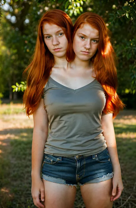 2heads, two headed girl, (a 13 year old girl and a 17 year old girl:1.5), (uncomfortable and annoyed:1.2), (one redhead and one blonde:1.3)