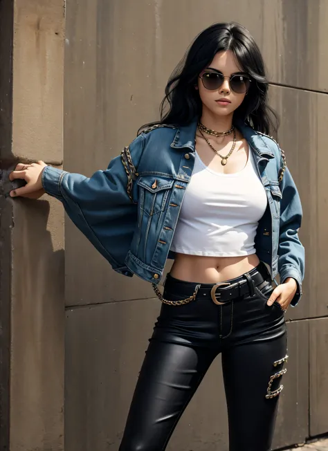 80s European girl, black hair, blonde hair, sunglasses, dark jeans, rivets, pants, belts, chains, guitars.