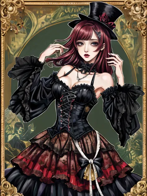 the female figure, dons an intricate visual kei gothic lolita ensemble,gothic makeup, a striking blend of elegance and rebellion...