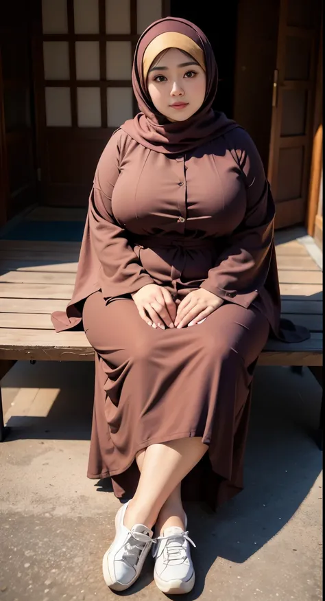 there is a woman sitting down with a longest brown hijab, bbwchan, thicc, brown hijab outfit, brown hijab fashion model, korean girl, korean woman, wearing brown robe, full length shot, alluring plus sized model, japanese goddess, clothed in hooded, volupt...