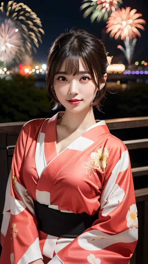 (8K、RAW photography、highest quality、masterpiece:1.2)、(realistic、Photoreal:1.37)、ultra high resolution、1 girl、cute、alone、night、sitting、date、(nose redness)、(laughter:1.1)、(closed)、big breasts、beautiful eyes、(short hair:1.2)、(((fireworks filling the sky、night...