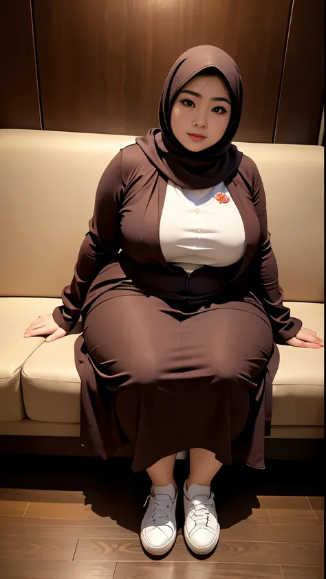 there is a woman sitting down with a longest brown hijab, bbwchan, thicc, brown hijab outfit, brown hijab fashion model, korean girl, korean woman, wearing brown robe, full length shot, alluring plus sized model, japanese goddess, clothed in hooded, volupt...