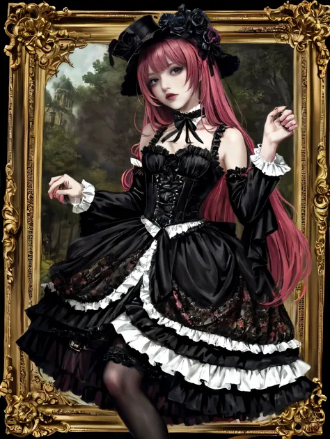 the female figure, dons an intricate visual kei gothic lolita ensemble,gothic makeup, a striking blend of elegance and rebellion...